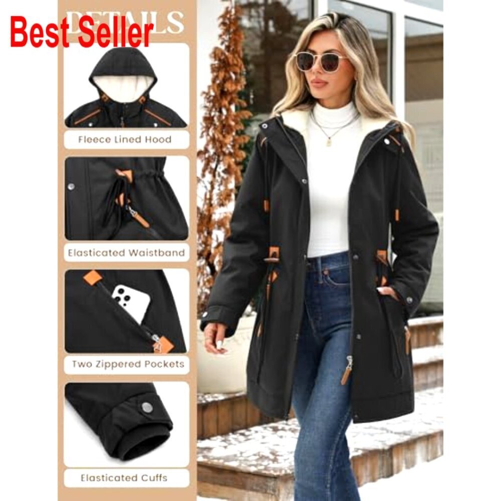 Faux Fur Lined Parka Jacket with Waterproof Hooded Mid-Length Coat - Picture 4 of 7